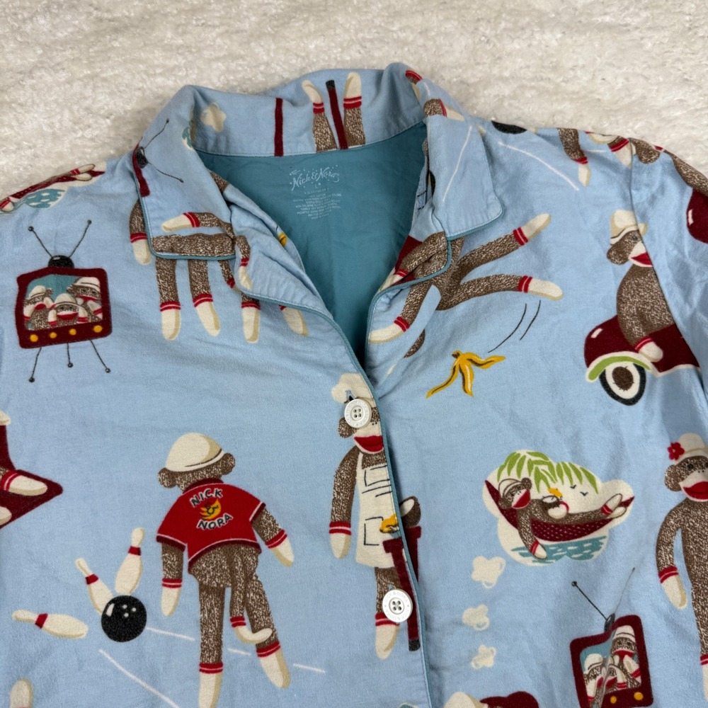 Nick & Nora Pajama TOP ONLY Womens L Blue Sock Monkey Flannel Button Pockets